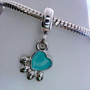 Pandora-like Teal Glitter Paw Print Heart Bead Charm Fits Snake Chain Bracelet